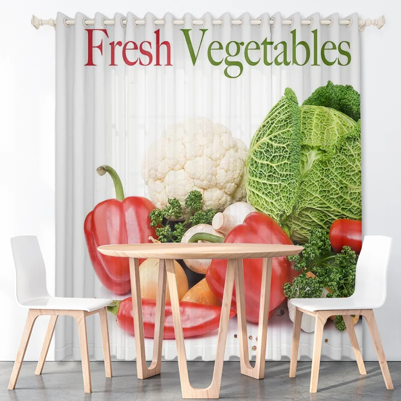 Cortinas personalizadas de verduras verdes modernas, tela fina de poliéster HD con ganchos, pimientos de Chile, berenjena, pepinos, decoraciones de cocina