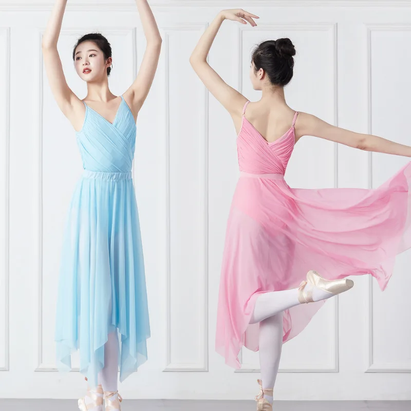 Justaucorps de danse élégant pour femme, costume de batterie plissé à col en V, jupe irrégulière en maille, entraînement AqSkating Ballerina Bailarinas Mujer