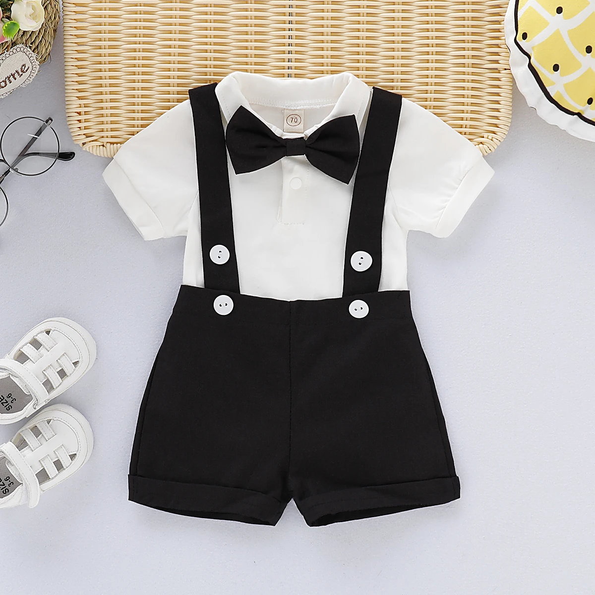 2PCS Gentleman Outfits Newborn Baby Boy Formal Costumes Short Sleeve Romper with Bow+Strap Shorts Summer Birthday Clothing