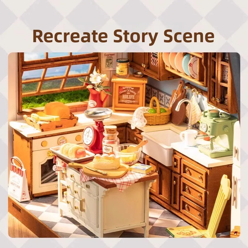 Rolife Baking Kitchen DIY Handmade House Model Artistic Scene Building Blos Birthday Gift for Children And Teens Wood Material
