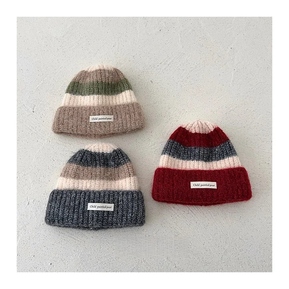 Contrasting Striped Children Knitted Hat Autumn And Winter Warm Thickened Woolen Cap Boys Girls Preppy Style Ear Protection Hat