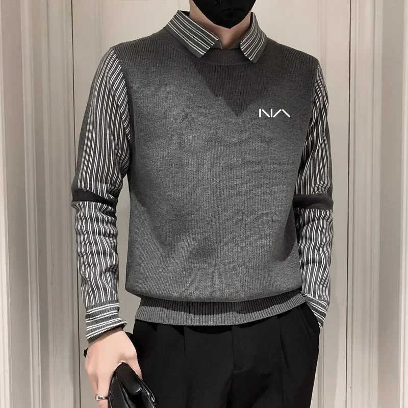 

squirt Autumn Golf Wear Men New Fake Two Items Golf Knit Fashion Stripe Knit Blouse Luxury Golf Clothing Men Golf Sweater