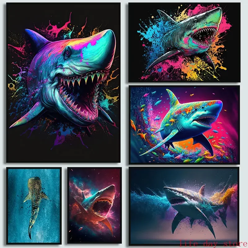 Graffiti Colorful Shark Posters and Prints Animal Art Giant Whale  Canvas Painting Wall Art Pictures Kid