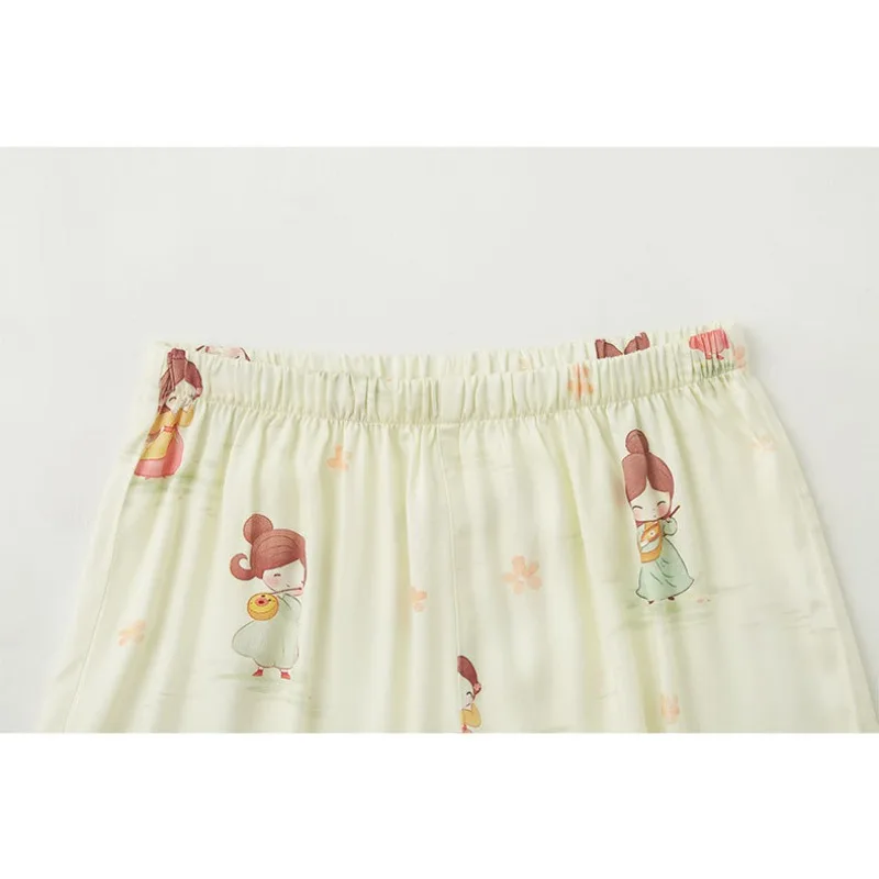 Pijama feminino cetim com gola redonda, suporte diagonal, shorts de manga curta retrô chinês Hanfu feminino estampado, loungewear de verão