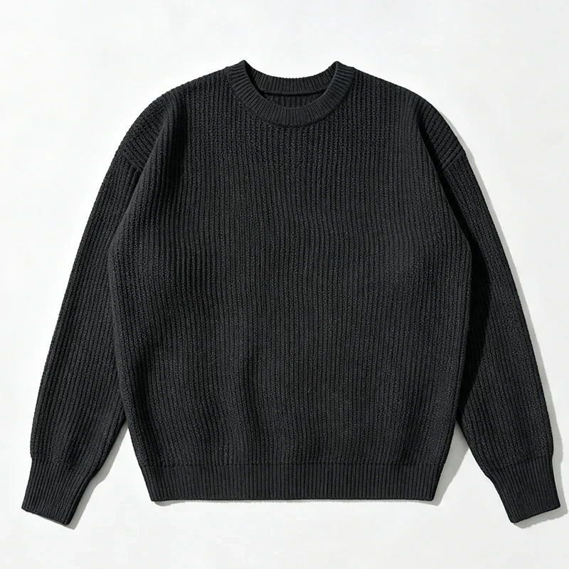 Herren Einfarbiger Strickpullover Frühling Herbst Lässige Mode Gerippte Textur Langarm Lockerer Rundhals-Strickpullover – Detail 14