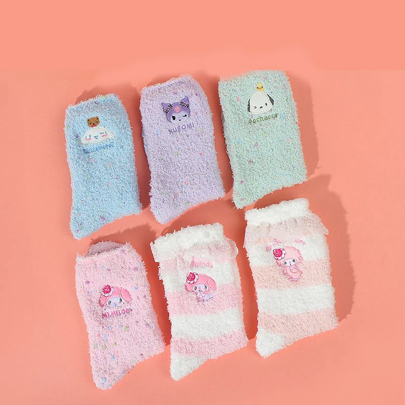 Hot 5Pcs Sanrios Embroidery Coral Fleece Girl Piles of Socks Kawaii Kuromi Cartoon Cute Sleep Floor Thickened Socks Fashion New