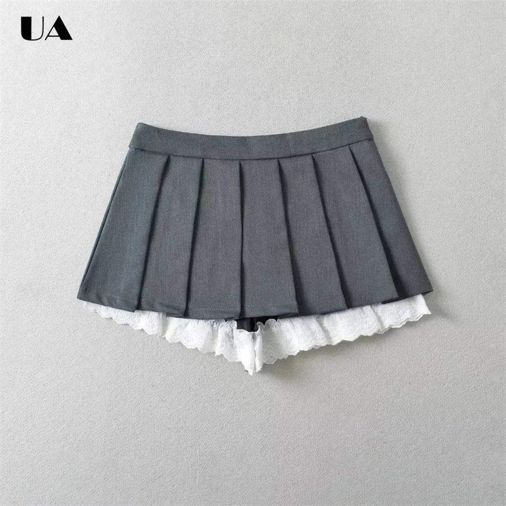 Baddie Dropped Bow Mini Skirt for Women, Trendy Lace Unique Skirts, Easy Match Ruched Women's Skirts, Safety Zipped Skort