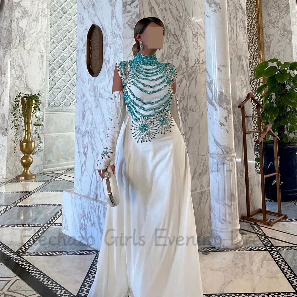 Flechazo Beading High Neck A-Line Evening Dress Saudi Arabia Floor Length Women Banquet Custom Made Gown for Wedding Party Guest