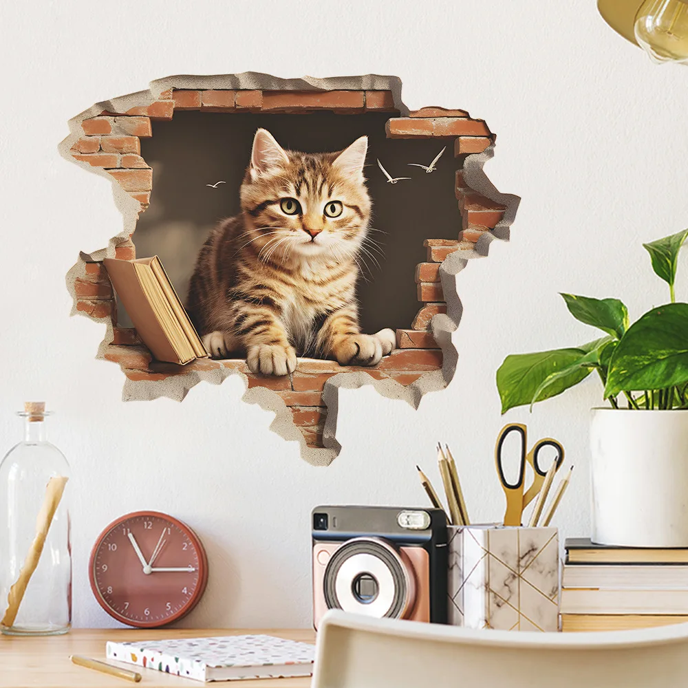 New Cartoon Cute Wall Breaking Cat Bedroom Living Room Entrance Background Beautification Wall Sticker