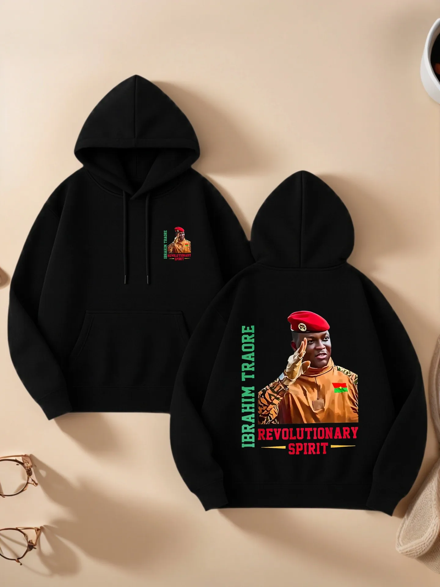 

Graphic Hoodie, Revolutionary Spirit Print, Streetwear Style, Fleece Fabric, Casual Everyday Wear, For Men