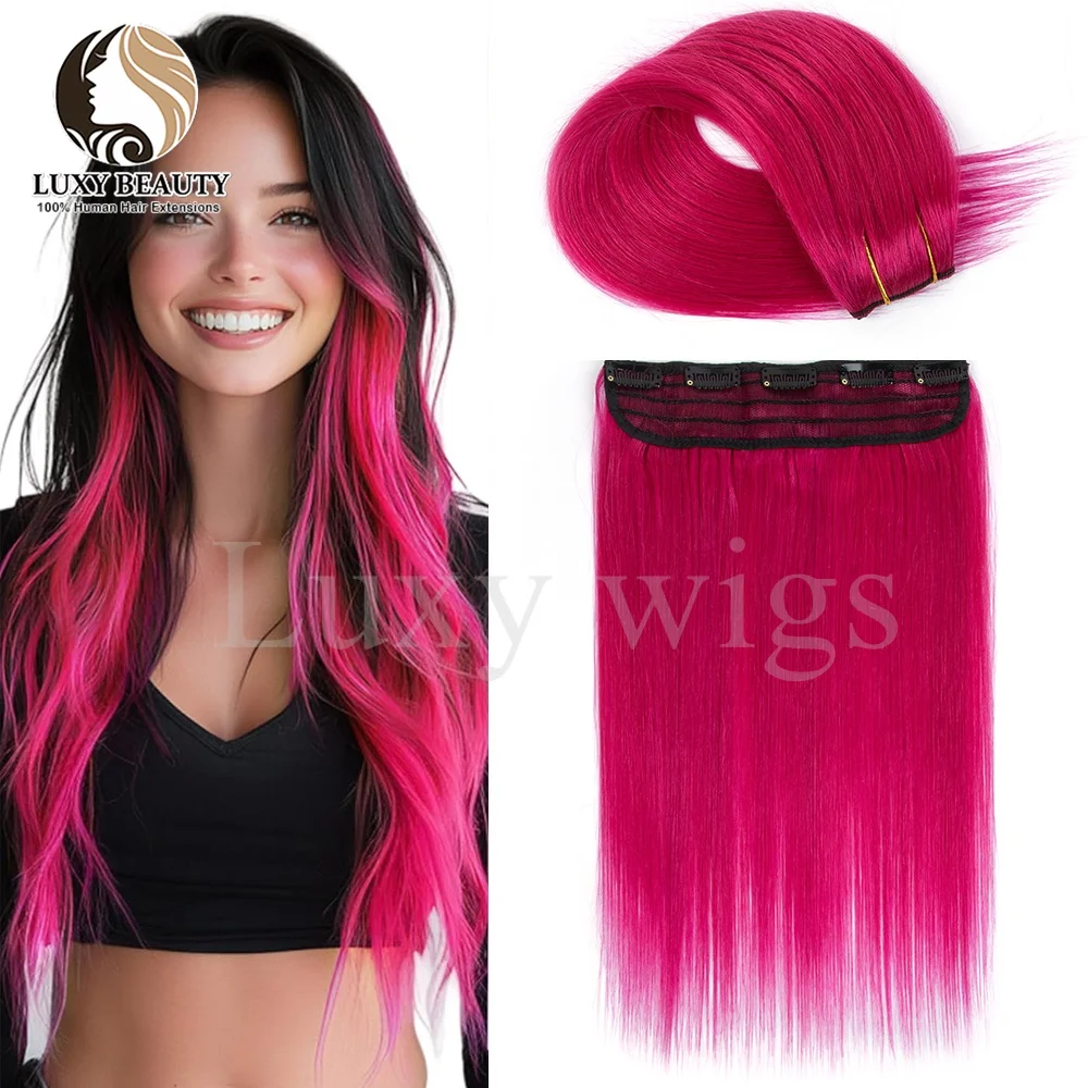 

16 дюймов розовые заколки для наращивания человеческих волос для женщин, прямые заколки в цельном наращивании волос, зеленые, синие, фиолетовые шиньоны