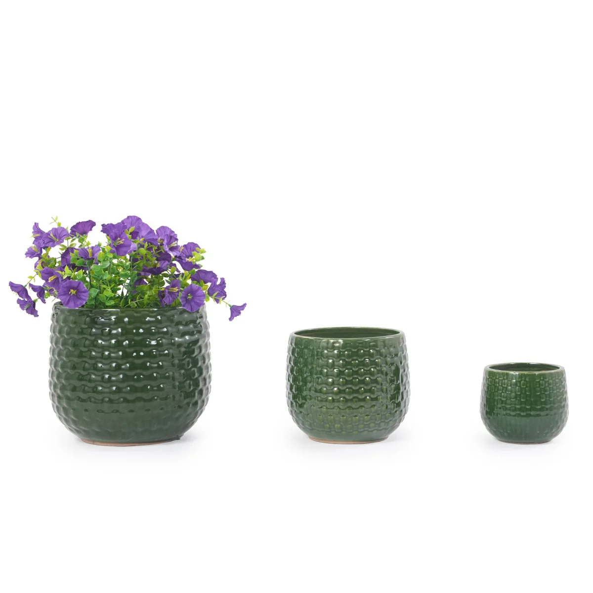 Handmade Glazed Ceramic Planter Set of 3, 9/7/5 Inch Diameter, Dark Green Solid Glossy Finish, for Succulents & Herbs Outdoor Patio & Indoor Staircase Use, Breathable Clay with Drainage Holes    RR