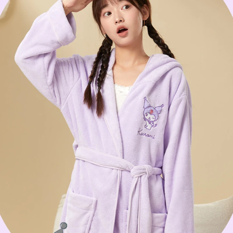 Sanrio Kuromi Coral Velvet Nightgown Water Absorption and Quick Drying Bathrobe for Adults Couple Towel Style Bathrobe Girls Boy