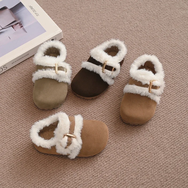 Toddler Kids Winter Furry Clog Shoes, Suede‑Look Warm Fleece Lined Adjustable Buckle Flat Casual Shoes