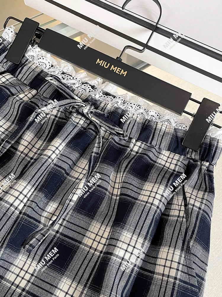 Hohe Taille, weites Bein, Damenhose mit Spitze, Krawatte, College-Stil, kariert, Sommer 2022, Freizeithose, Pendeln, einfache Elemente