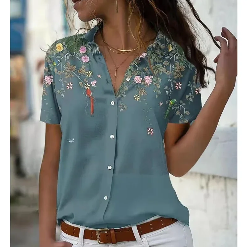 

Summer Short Sleeve Women Shirt 2025 Printed Office Fashion New Lapel Casual Simple Blouse Elegant Loose Blusas Mujer Tops