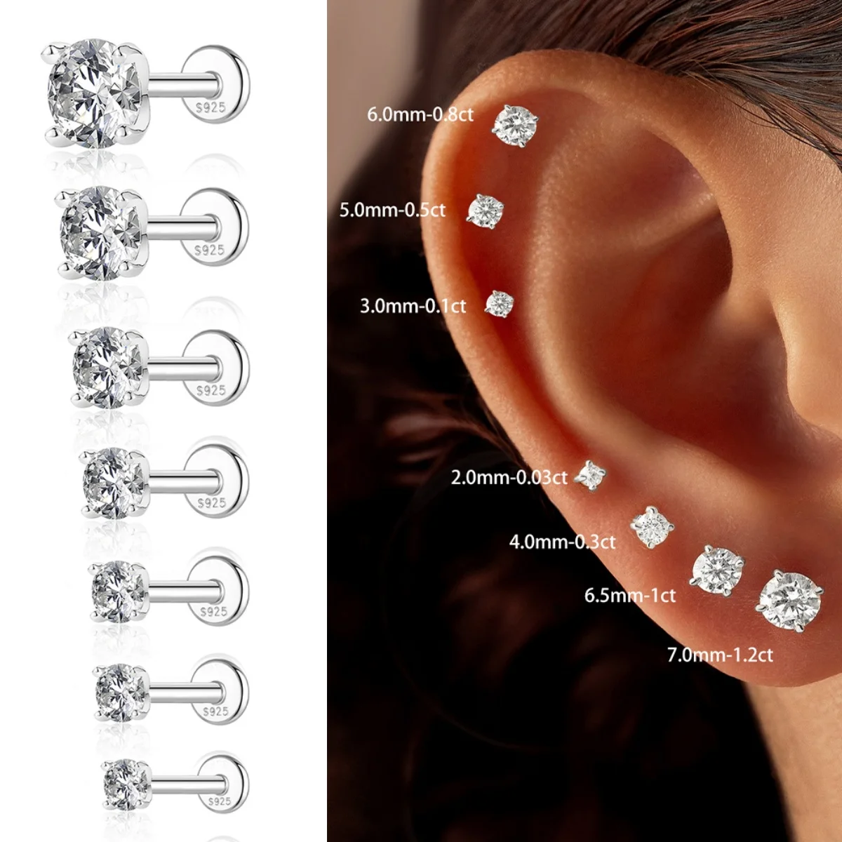 

ROXI 1Pc Four Prong Setting Round Colorless Moissanite 0.03-1.2Carat Classic Piercing for Women Anniversary Gift Wedding