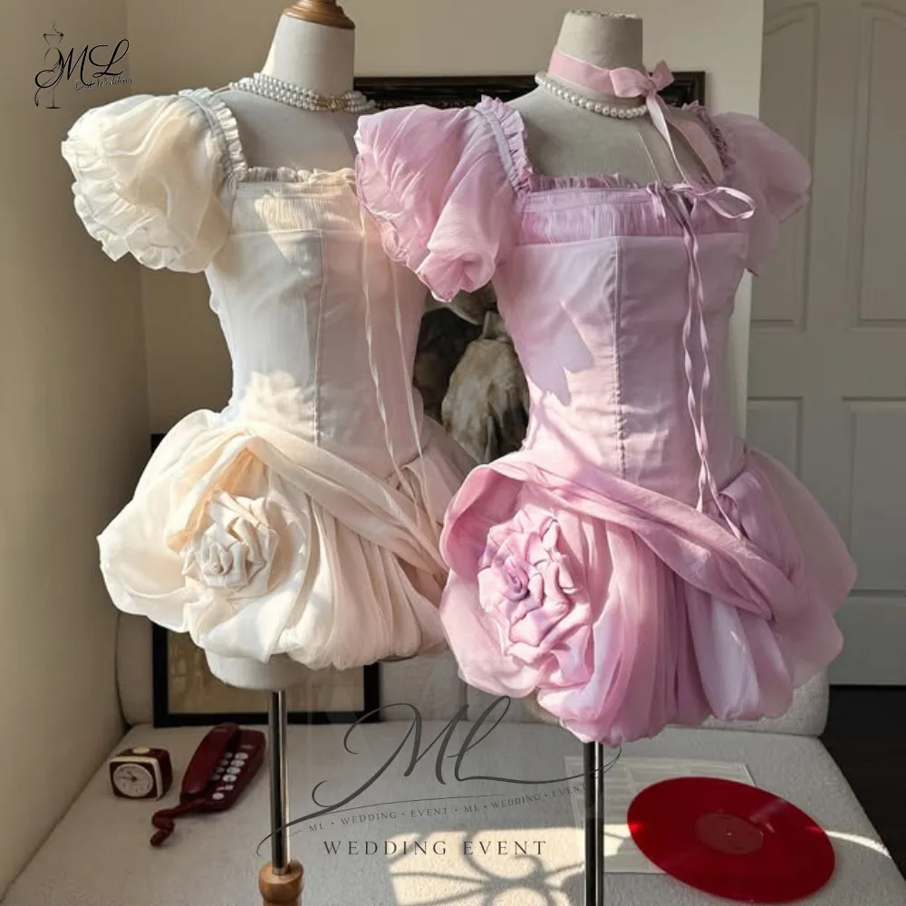 

ML Princess 3D Flower Square Collar Lace Sweet Dress Fashionable Puff Sleeves Birthday Sexy Party Vestidos De Novia Customized