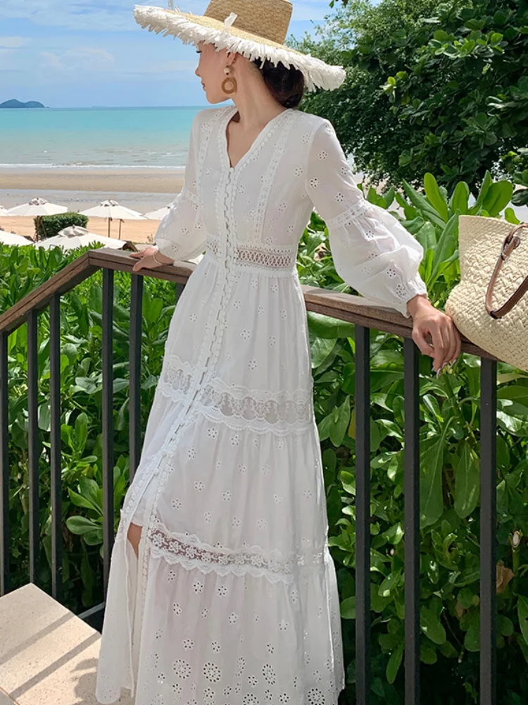 SMTHMA Summer 2025 Women Lace Embroidery Long Sleeve V-neck White Chiffon Beach Dress Lady mesh Patchwork Boho Dresses