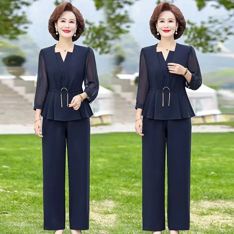 Mid Aged Mom Summer Suit Foreigner 2023 New Mid aged and Elderly Women Spring/Summer Thin Fashion High End Two Piece Set