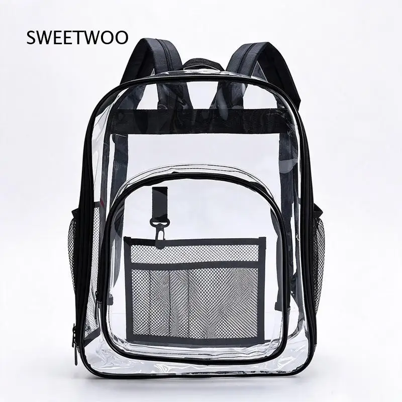 Clear PVC Transparent Backpack Black Trim Mesh Pocket Heavy Duty See Through School Stadium Travel Daypack