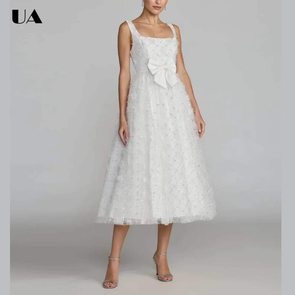 

ULBYANRY Customized A-line Square Neck Bow Evening Dresses for Women Exquisite Sequined Prom Dress Elegant Solid Mesh Ball Gown