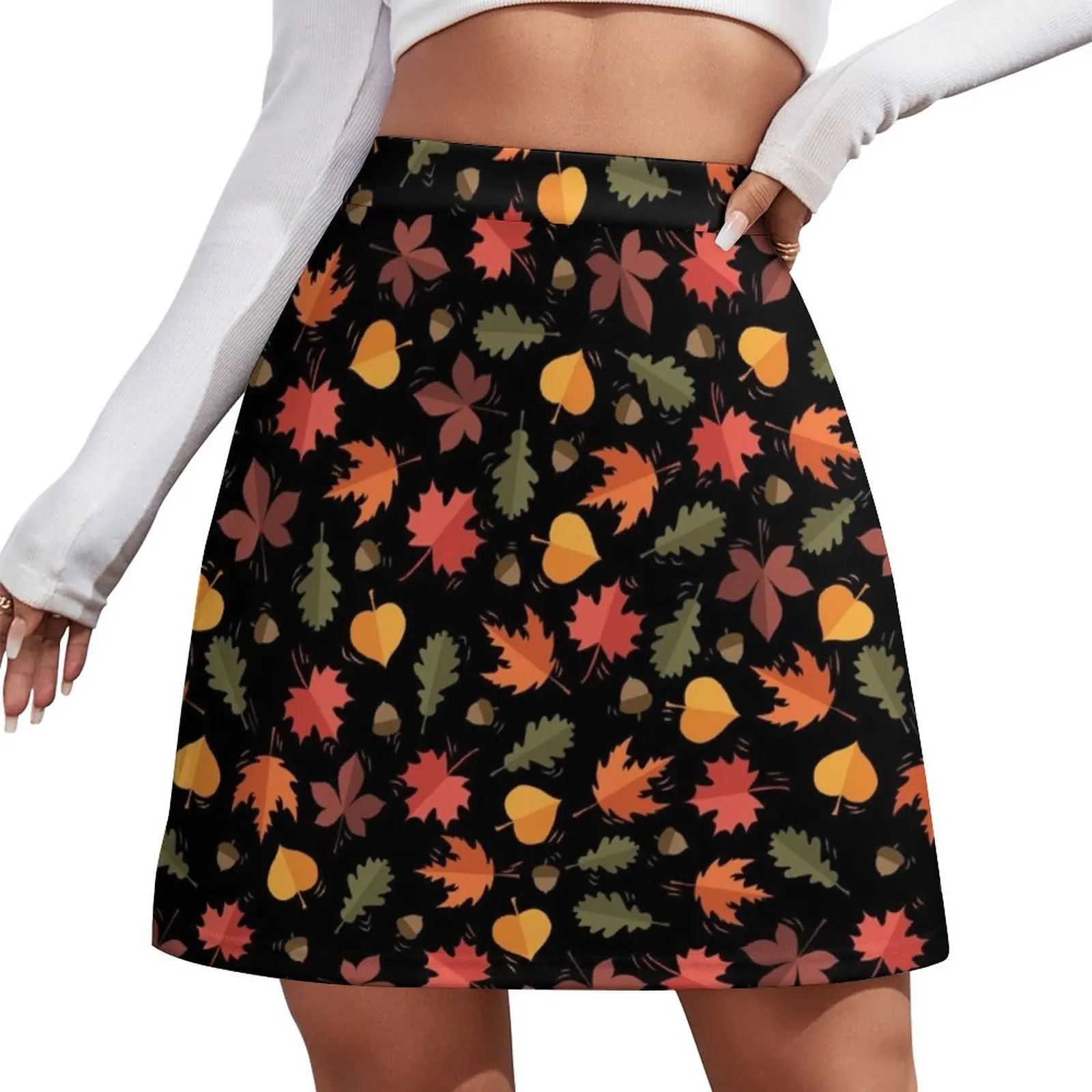 

Autumn Leaves Pattern Black Background Mini Skirt rave outfits for women School skirt Mini Skirt