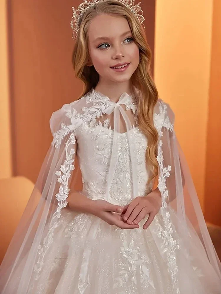 White Flower Girl Dresses For Wedding Lace Tulle First Communion Frock with Shawl Customized Kids Mini Bride Birthday Party Gown