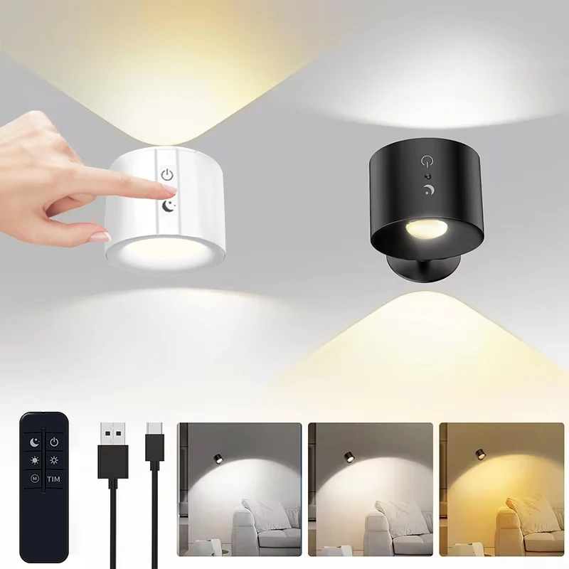 LED Mini Magnetic Wall Lamp Dual Head Touch Control Remote Wireless Portable Night Light 360 Rotatable USB Recharge Ambient Lamp