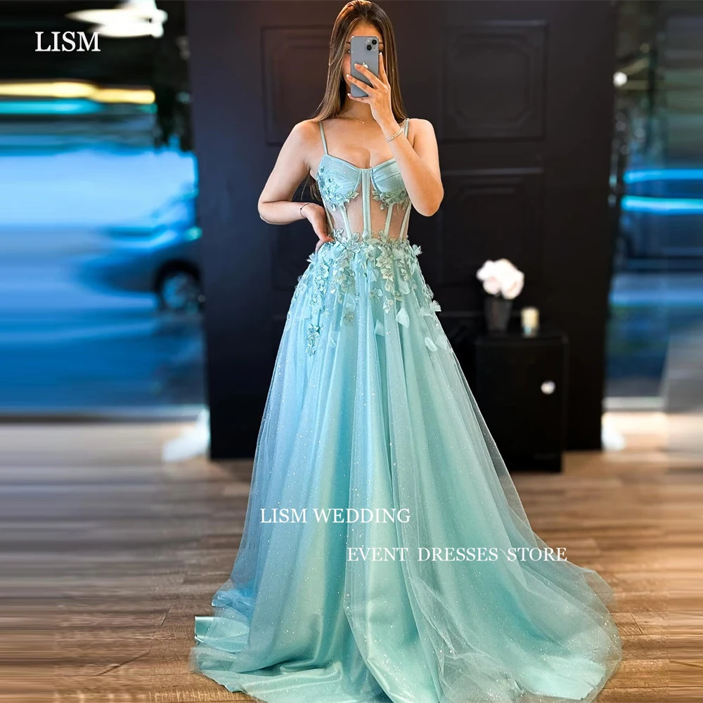 

LISM Sparkly Light Blue Tulle Evening Dresses Sparkly Spaghetti Straps Sweetheart 3D Flowers Shiny Prom Gowns Vestidos de fiesta