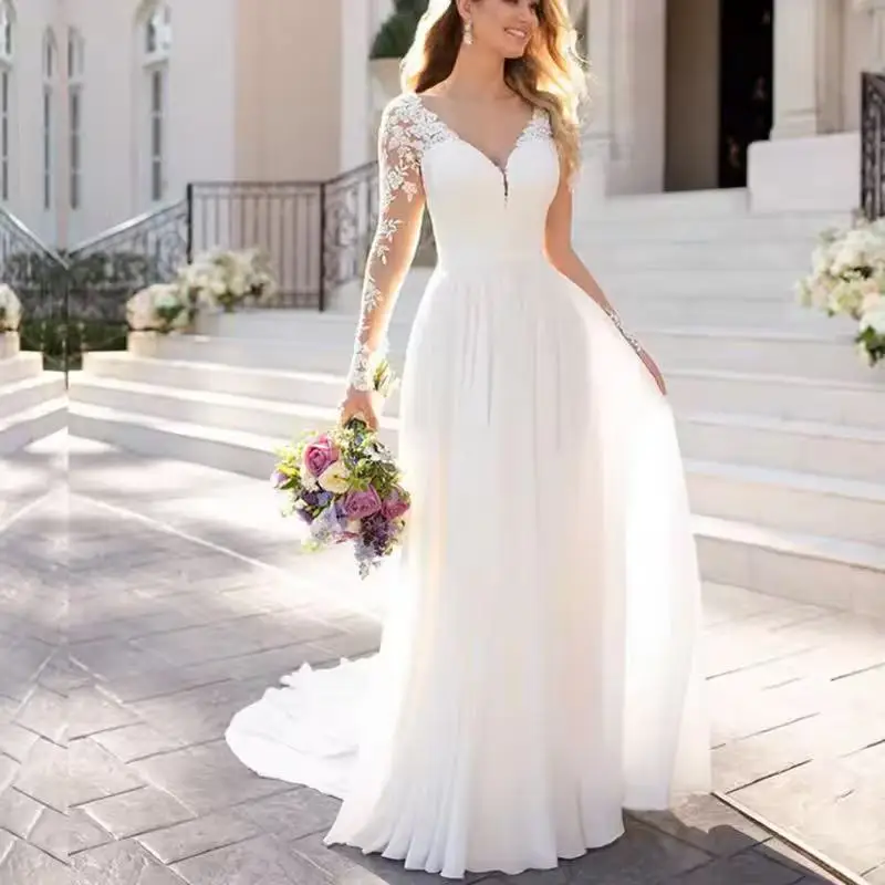 

Customized A Line Wedding Dresses Long Sleeves Appliques Tulle Bridal Gowns Court Train Formal Vestido De Noiva robe mariage