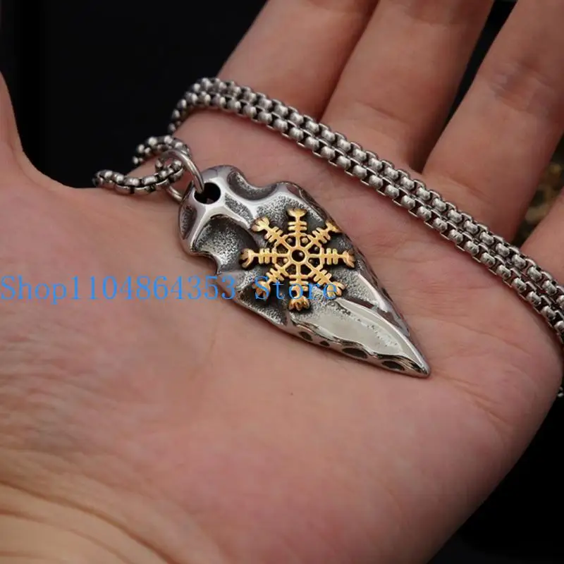 652F Multipurpose Vikinged Necklace Gold Color Antique Stainless Steel Norses Amulet Pendant for Men Casual Wear