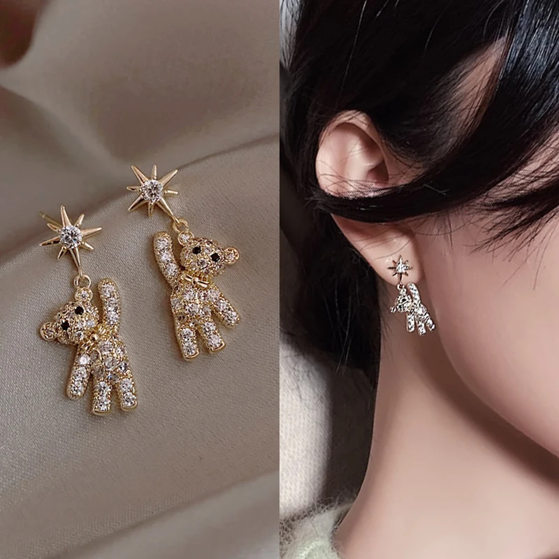 

Korean New Fashion Cute Bear Drop Earrings for Women Gold Color S925 Silver Needle Earrings Fashion Jewelry New Year Gift