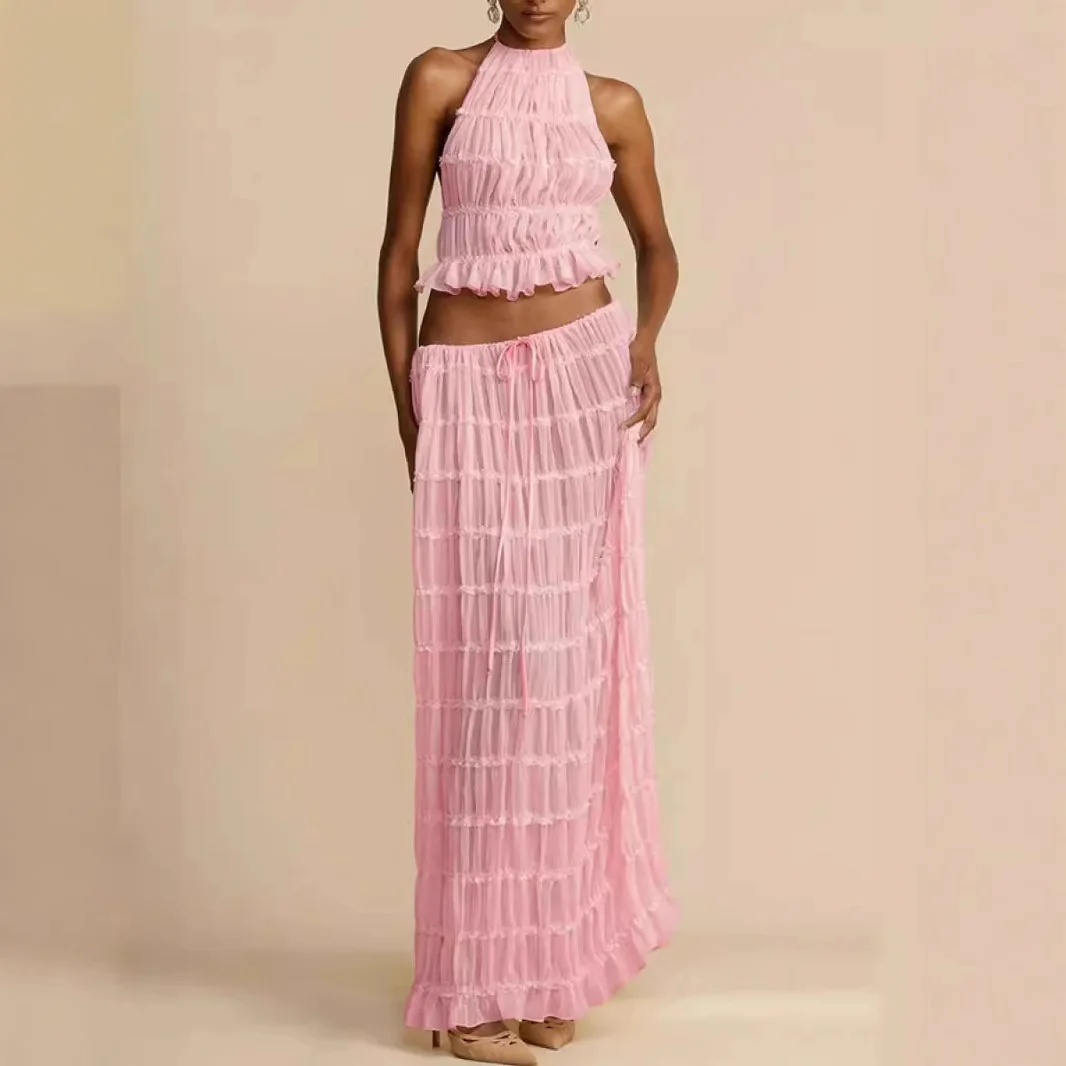 

Bal Ne Tied Pleated Lace Vest Long Skirt Faionable Ele Women's Clothing Set Student orm Work orm