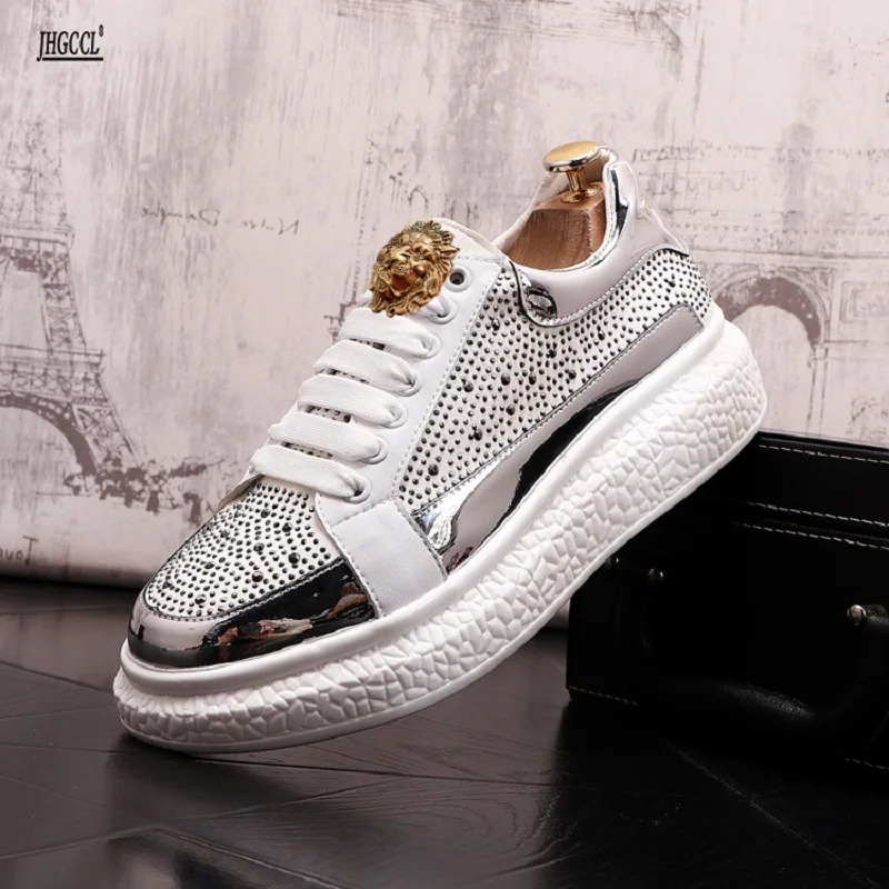 Elastic shoes fashion personality rhinestone men\'s shoes thick sole increase breathable casual shoes men\'s white wear-resistanA6