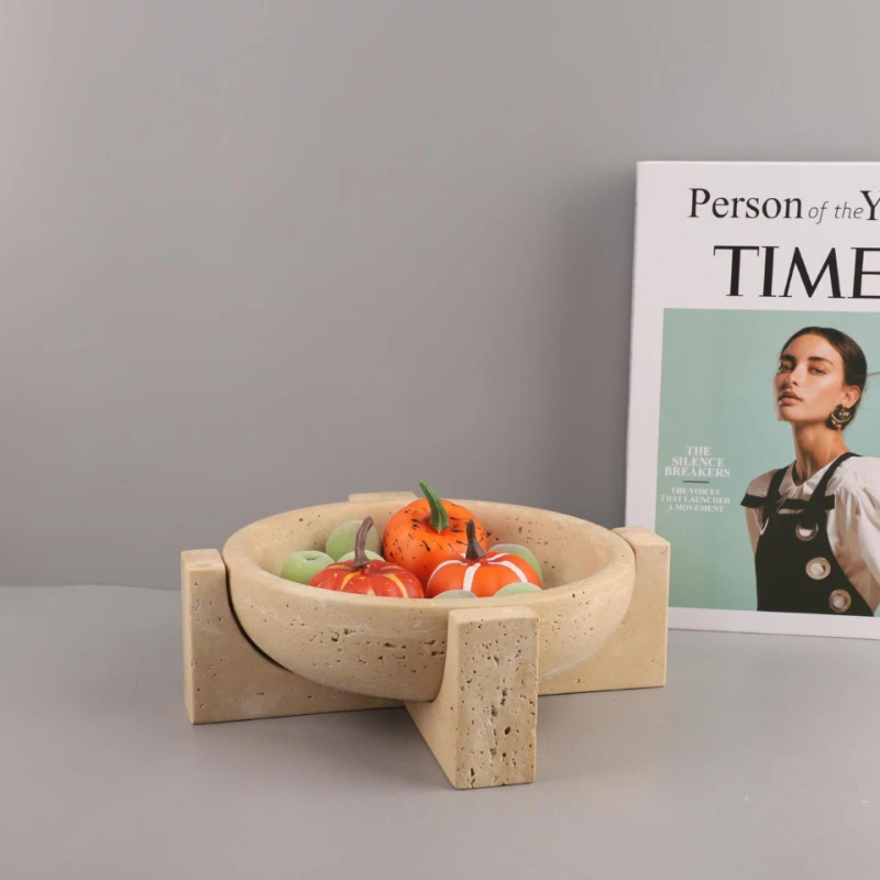 Travertine Stone Fruit Bowl Geometric Base Beige Cream Natural Stone Decorative Tray Wabi Sabi Coffee Table Home Decor Ornament
