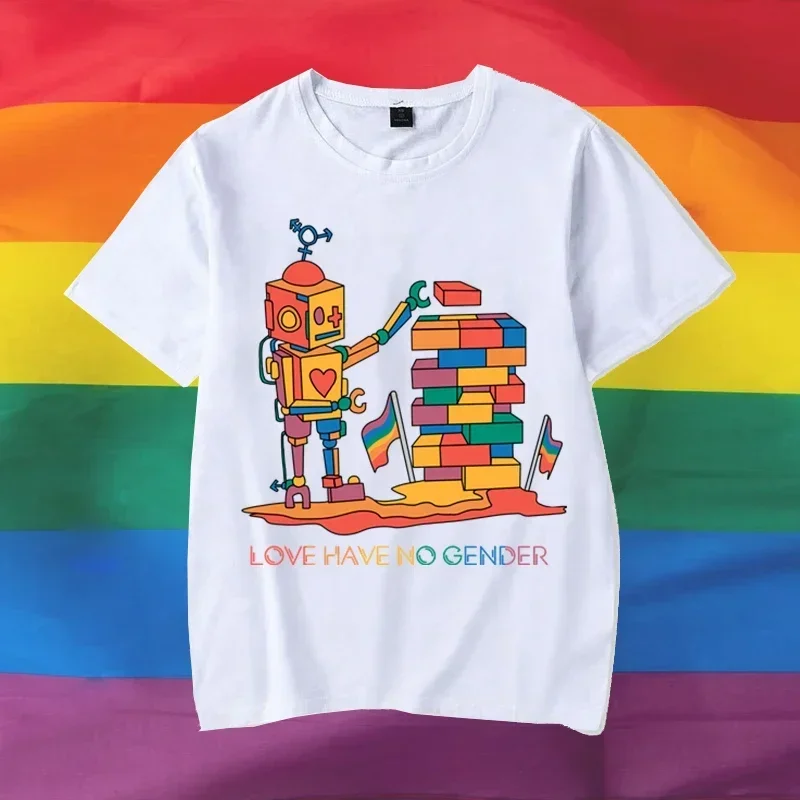 Camisetas con estampado de amor y No Género, camisetas de Robot arcoíris, camiseta de gran tamaño de algodón para el mes del orgullo Y2k, lesbiana, Gay, Queer