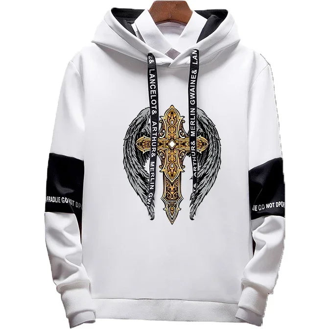 Men Faith Cross Jesus Print Pullover Hoodies Man Splicing Designer Casual Sweatshirts Fashion Long Sleeve Sport Tops for Male