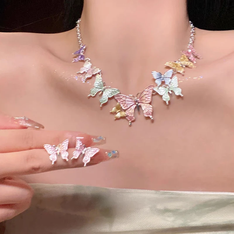 Dopamine Style Butterfly Necklace for Women Romantic Multicolor Butterfly Choker Clavicle Chain Sweet Colorful Y2K Jewelry Gift