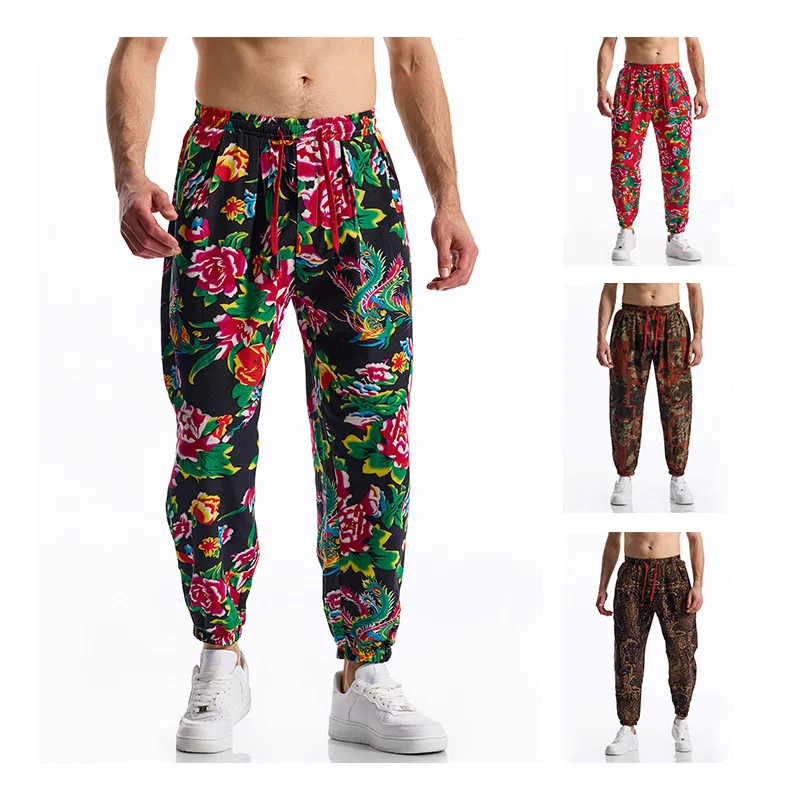 

Loose Fit Cotton Linen Small Footed Sport Pants for plus Size Warriors Performance Casual Pants Ultra Large Size Printed