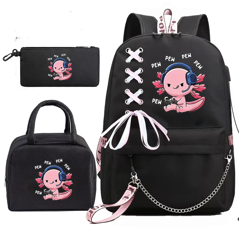 3 قطعة مجموعة حقيبة الكتب Mochila Bookbag الآيس كريم Axolotl لطيف الطفل حقيبة المدرسة مع أكياس الغداء ، أكياس قلم رصاص ، حقائب مدرسية هدية