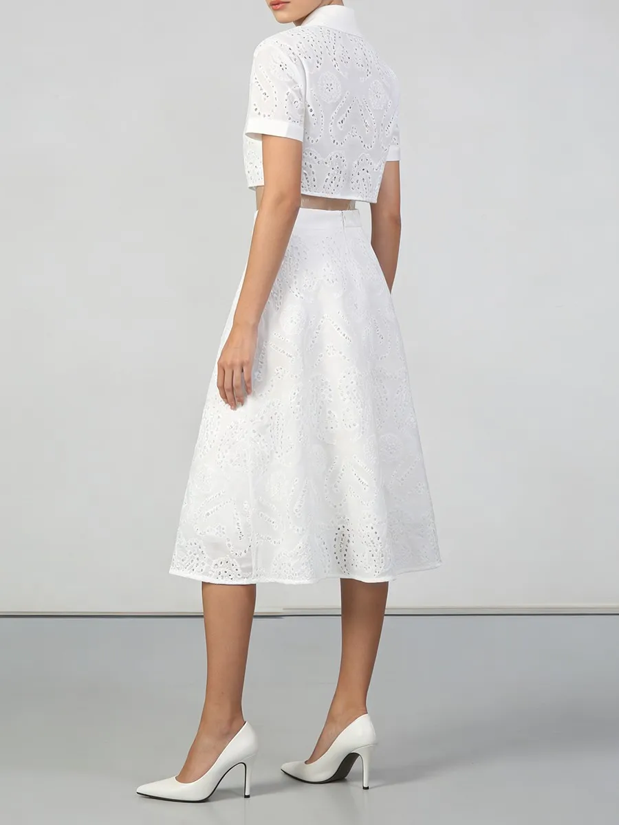 TWOTWINSTYLE, conjuntos de dos piezas lisos ahuecados para mujer, solapa, manga corta, Top, falda larga de cintura alta, conjunto minimalista para mujer, nuevo