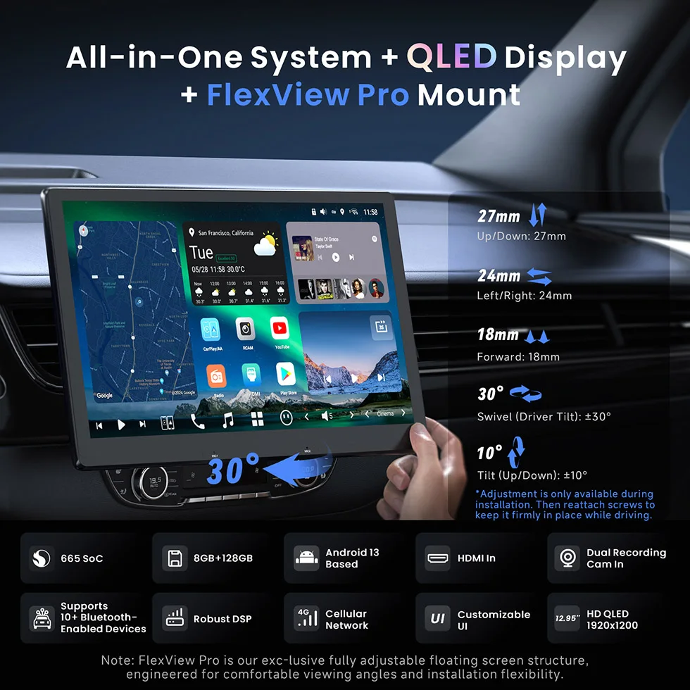 12.95 inch QLED Floating Retractable Screen Android Radio 1/2 Din 8G+128G 4G LTE WIFI Bluetooth Car Stereo with DSP Camera GPS Track Navi Multimedia Player X10 Atotozone