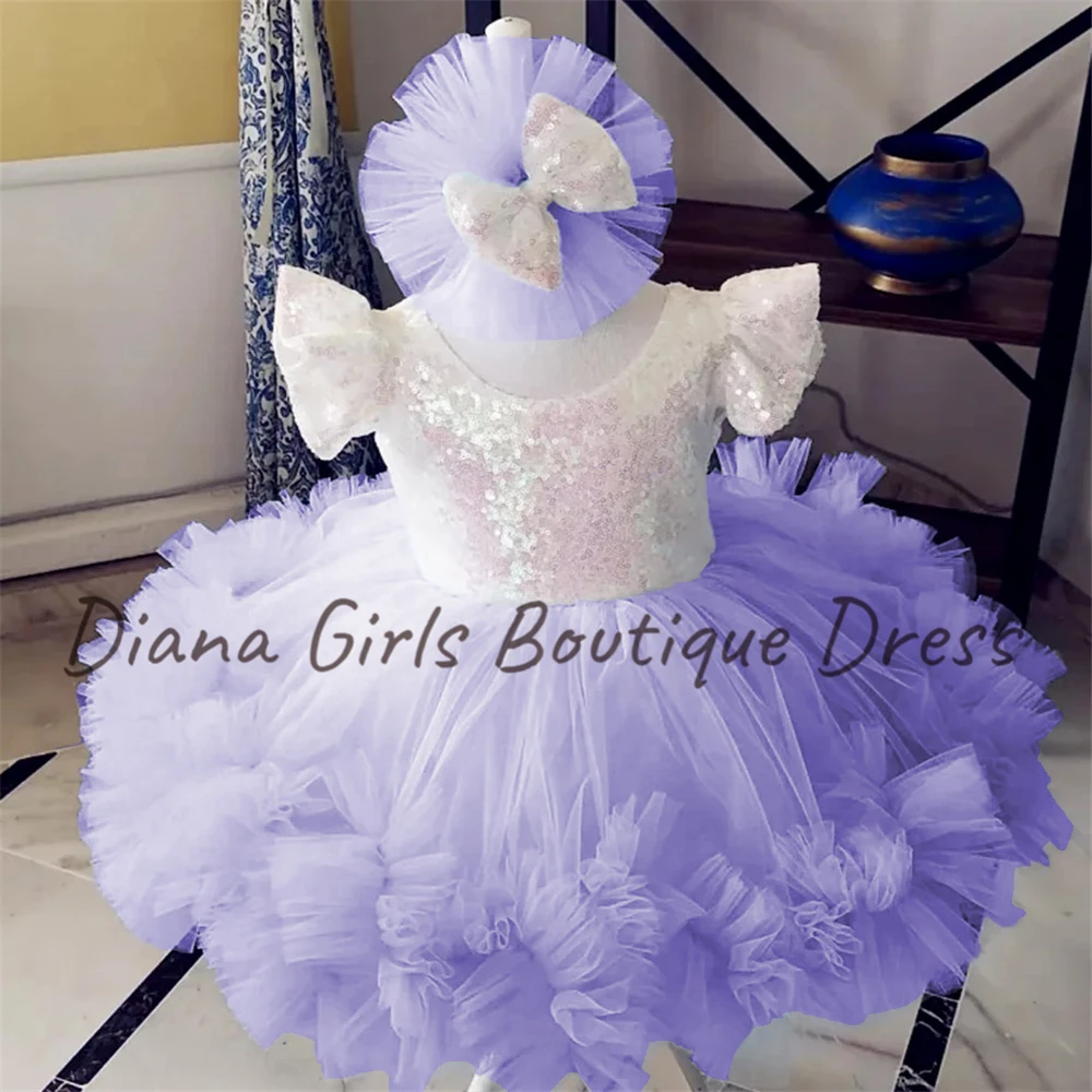 Blue Angel Flower Girl Dresses Tulle Sequin Bow Short Sleeve For Wedding Kids Birthday Gift Party Princess First Communion Gown