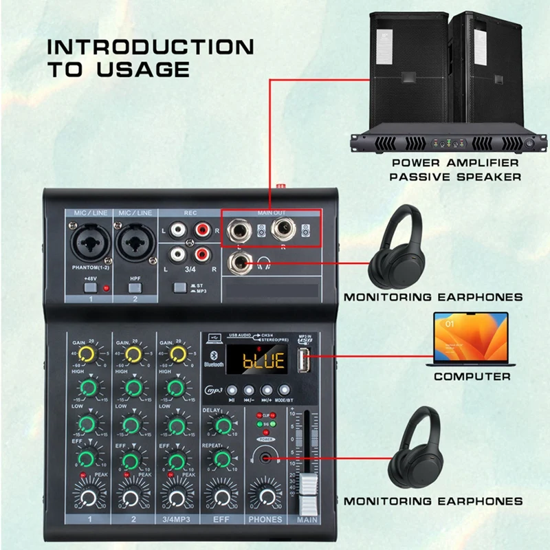 Professional Digital DJ Mixer Console 4 Channel Audio Mixer With USB Port Supports Bluetooth Connection Playback