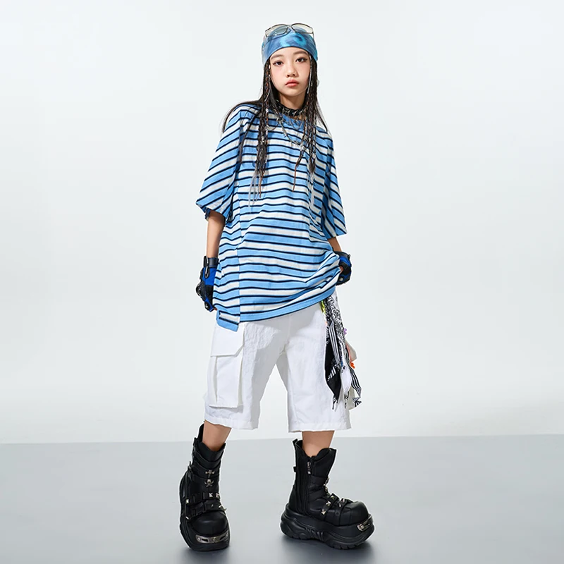 Camiseta a rayas de Hip Hop para niños, pantalones cortos Cargo, ropa de baile callejero para niñas, disfraces de K-pop, conjuntos de ropa, ropa de calle de Jazz para niños