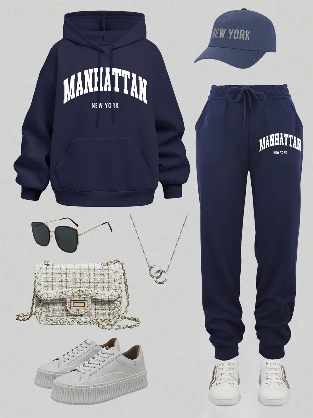 

2 Piece Hoodies Set Womens Manhattan New York Letter Prints Sweatpantswinter Fleece Warm Pocket Pants Hoody Sporty Loose Clothes