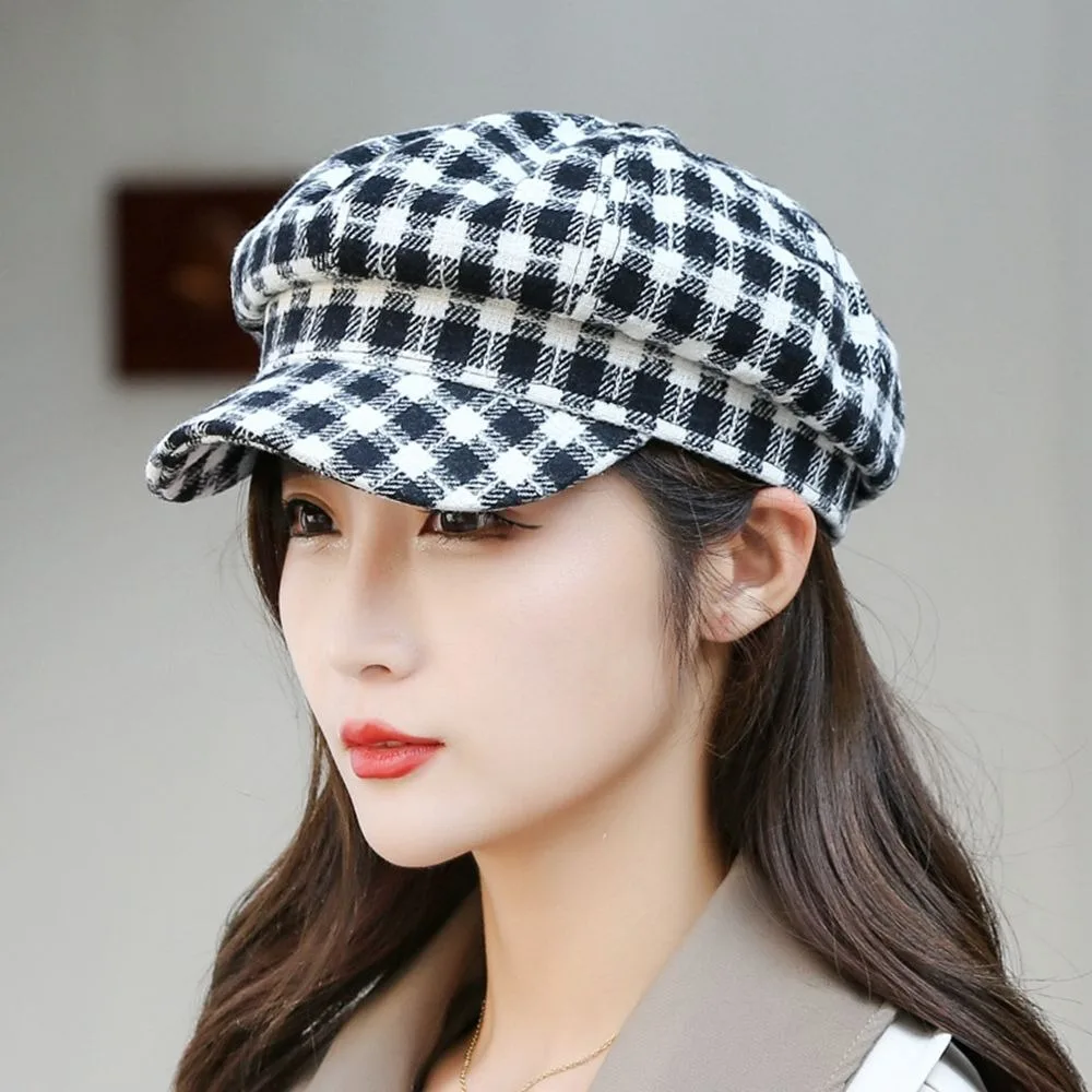 

Retro Korean Style Plaid Beret Hat Small Fragrant Style Lattice Women Painter Hat Keep Warm Women Octagonal Cap Outdoor