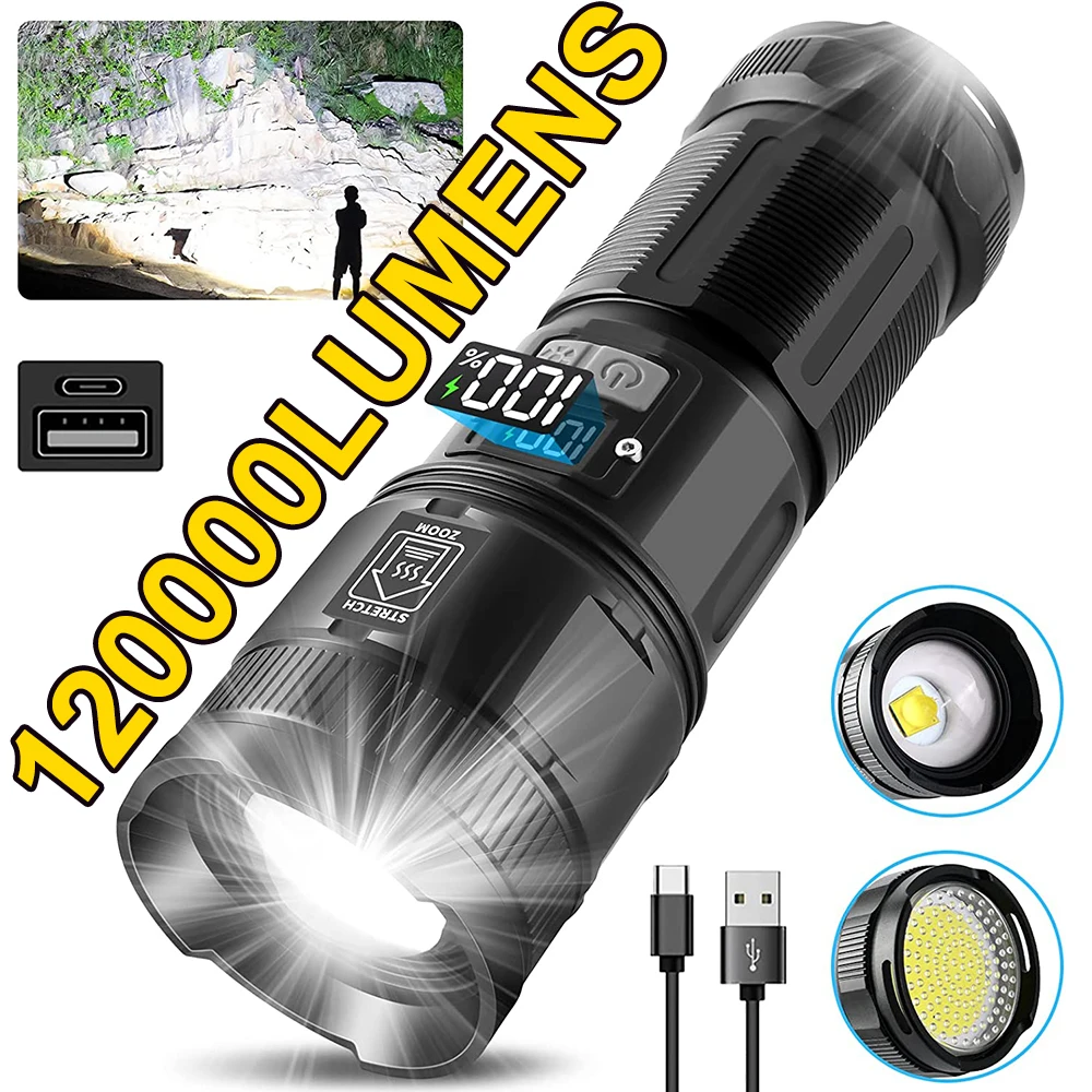 120000 Lumen super helle LED-Taschenlampe wiederauf ladbare Typ C mah xph90 Cob Taschenlampe mit Digital anzeige für den Außenbereich