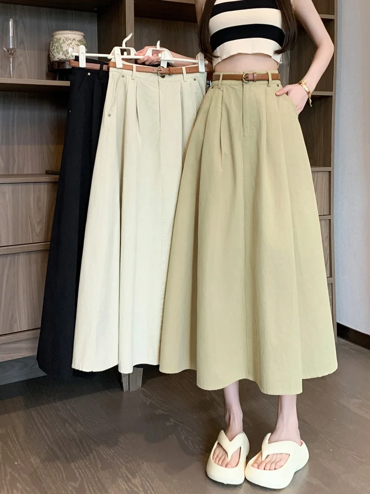 

Khaki Color Pleated High Waist Slimming Drapey Midi A-Line Skirt Women's Summer 2026 New Sle Commute Korean Version Polyest...